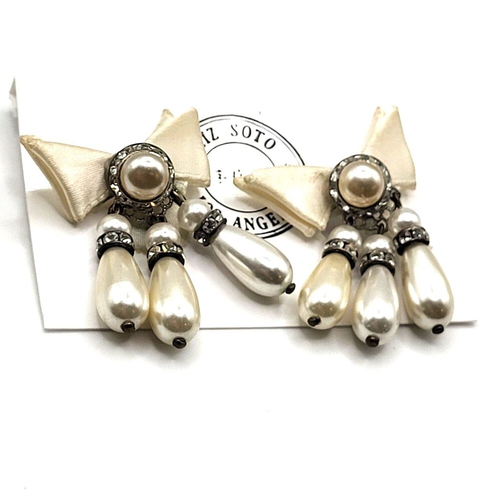 Vintage 60s Bow Dangle Faux Pearl Marcasite Earrings 1.5in